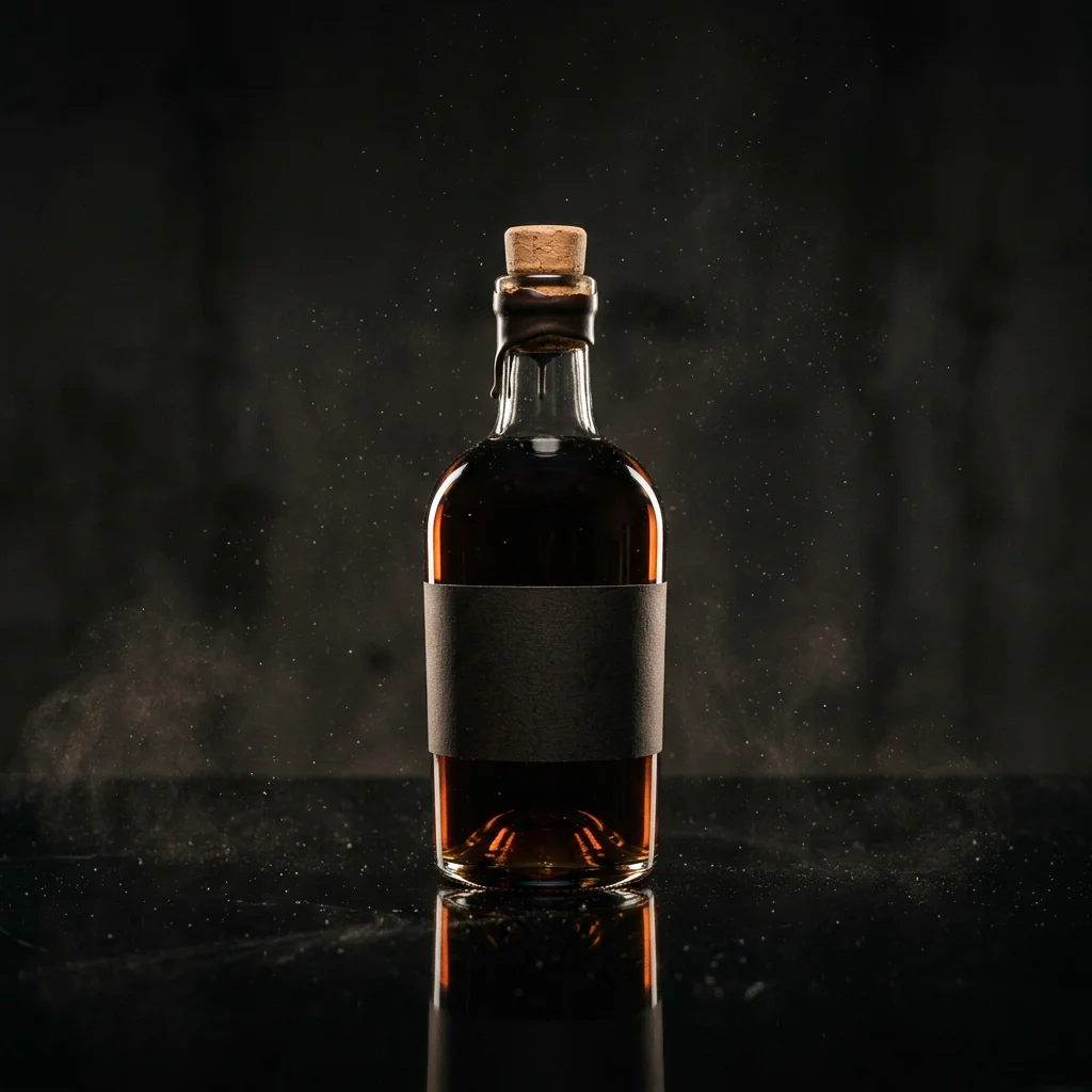 Studio product shot on a dark reflective table, soft rim light, drifting dust