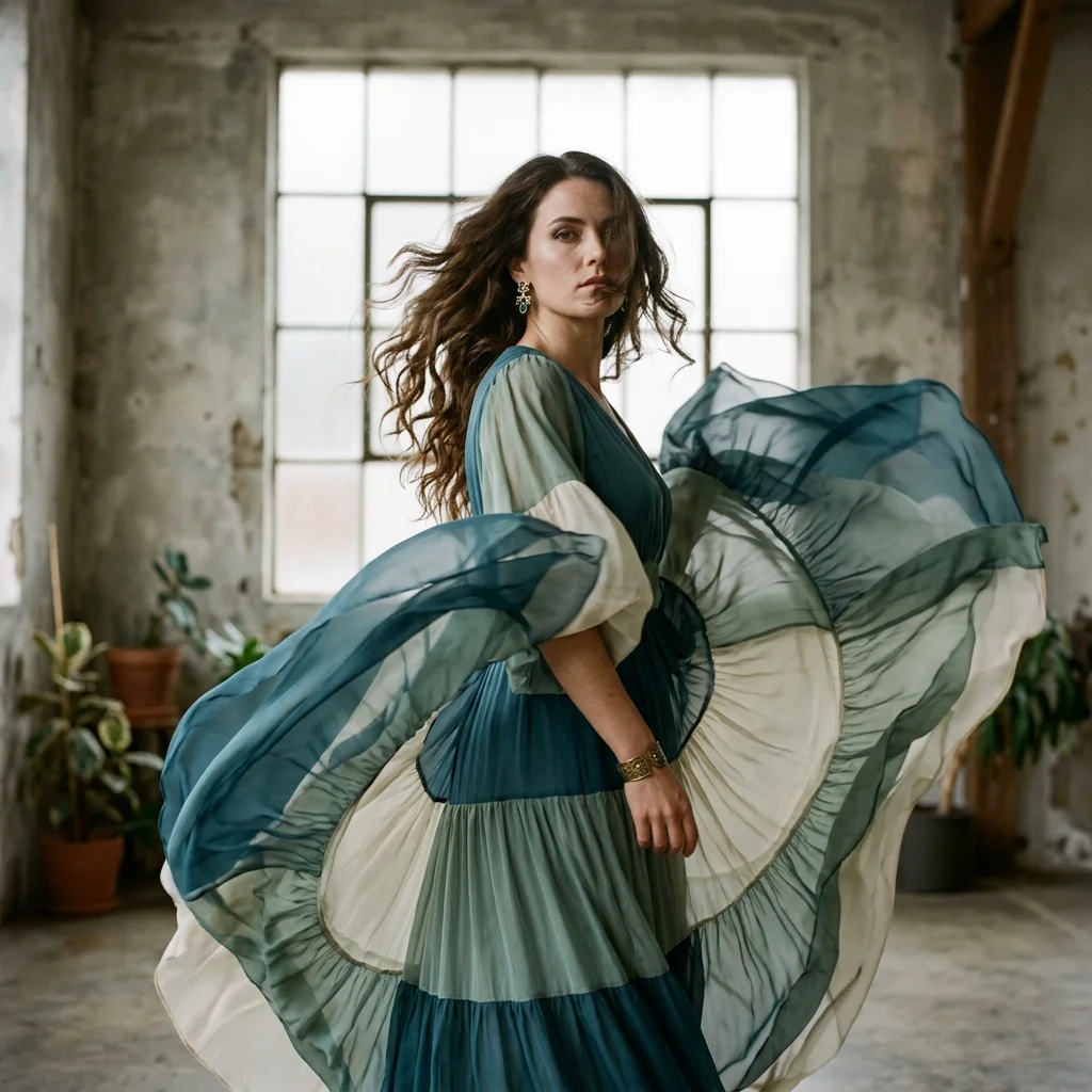 Editorial fashion portrait, fabric catching wind, soft studio key light