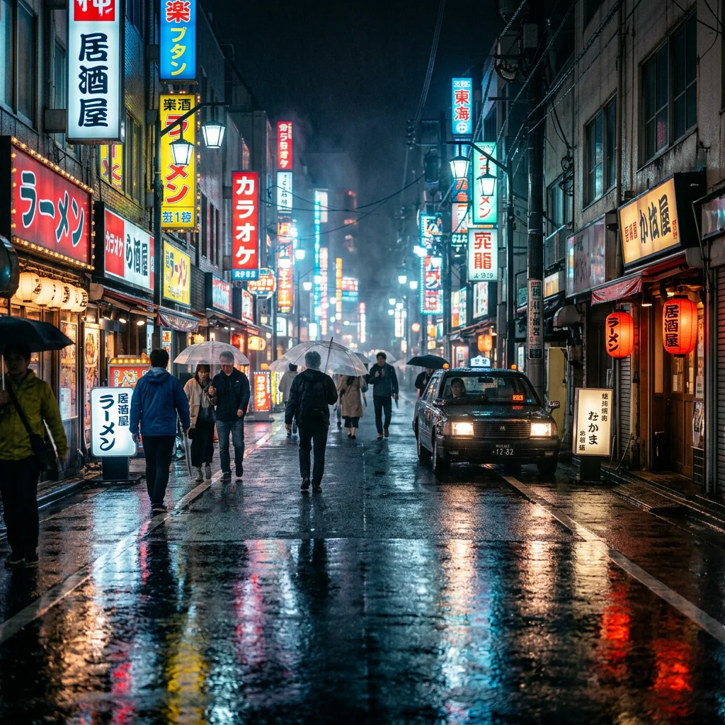 Neon-lit street at night, wet pavement reflections, cinematic haze