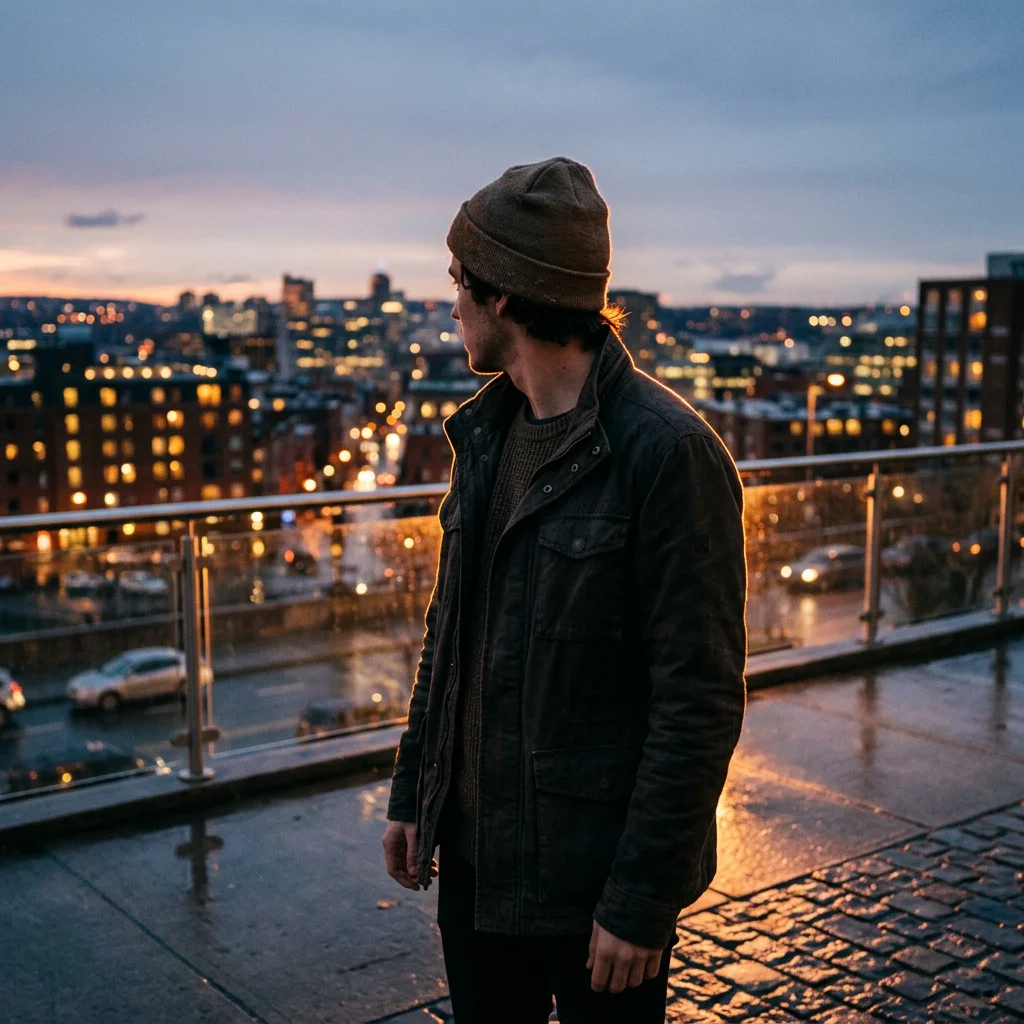 Restyle as a moody evening scene with warm rim light