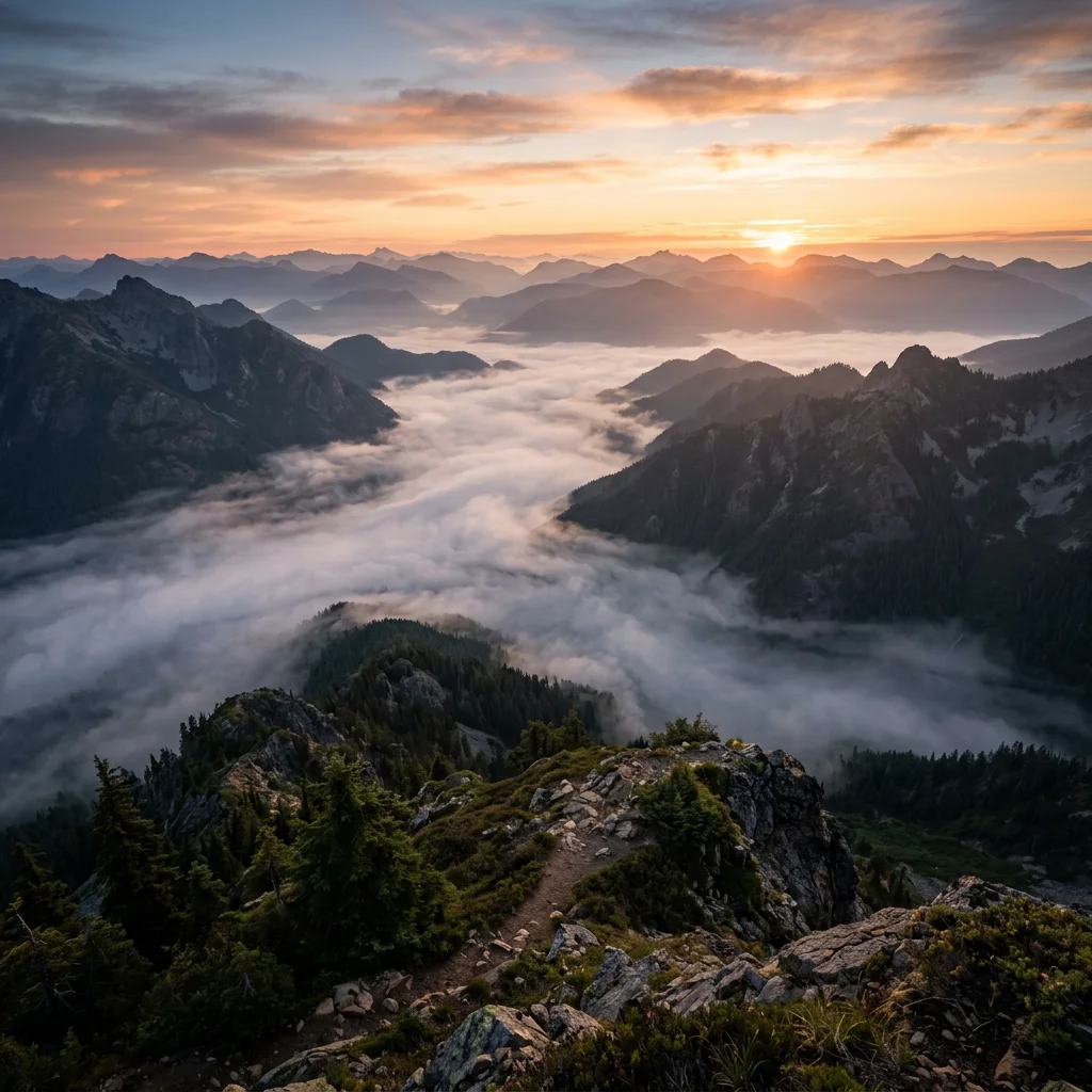 Misty valley at dawn, sweeping wide shot, atmospheric haze