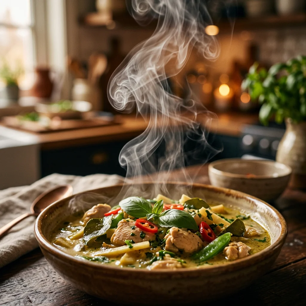 Macro close-up of steam rising off a fresh dish, warm light
