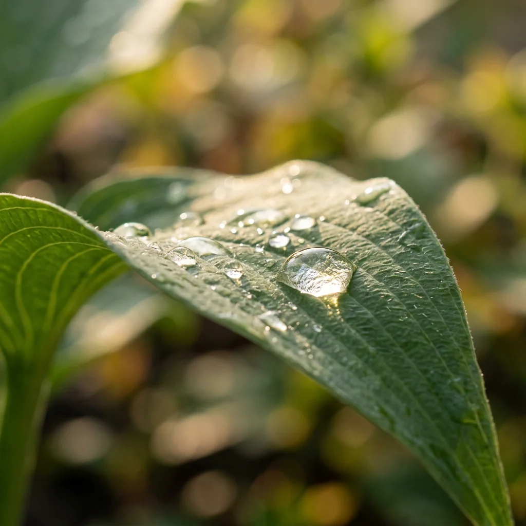 Dew on a leaf catching morning light, macro, serene